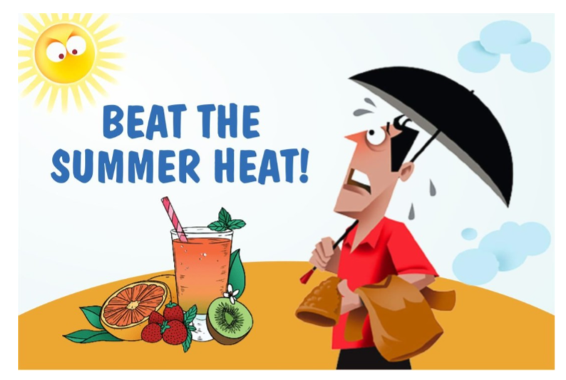 Beat the summer heat illustration with cooling drinks and fresh fruit
